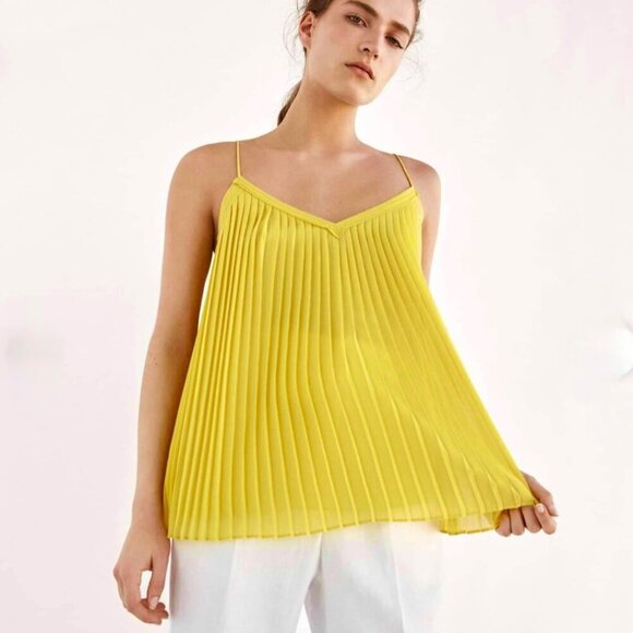 Massimo Dutti Pleated Babydoll Cami Top Sz.M Yellow Flowy Dopamine Coquette Y2K - Picture 2 of 14